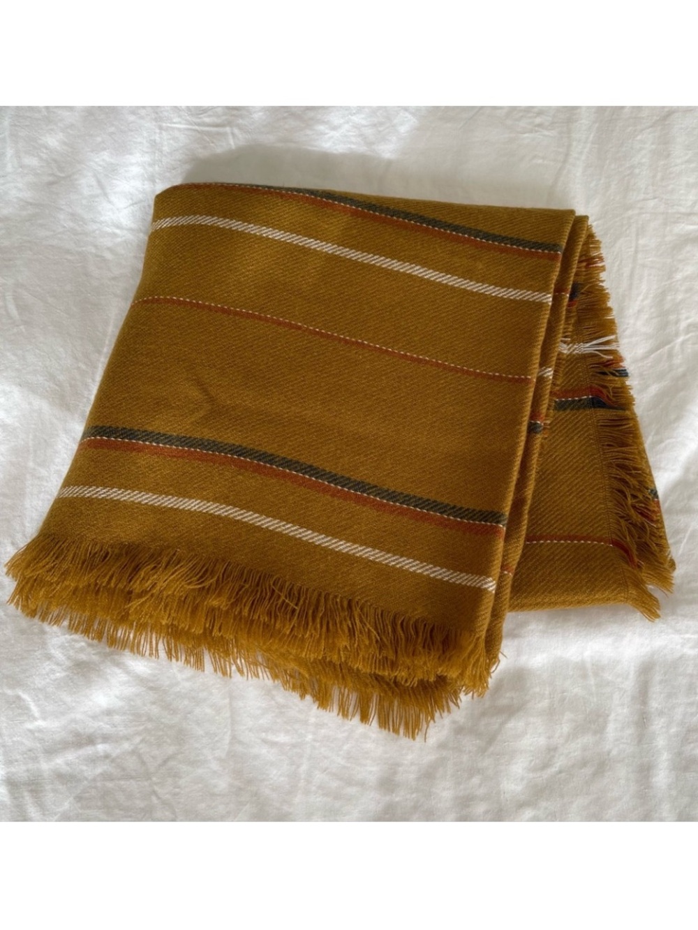 Oversized Mustard Camel Striped Blanket Scarf / Throw Blanket Fringe
